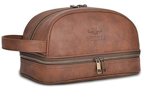 Vetelli Trousse de Toilette en Cuir PU pour Homme avec Flacons de Voyage - Design Vintage - Idéal pour Les Voyages, déplacements et Week-End - Pratique et légère - Doublure étanche - Marron