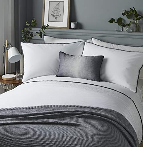 Serene - Pom Pom - Easy Care Duvet Cover Set | Super-King Size | White Bedding with Grey Pom Poms