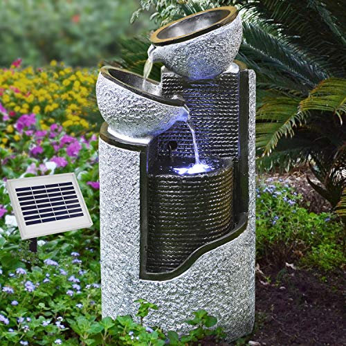 Solar Gartenbrunnen Brunnen Solarbrunnen Zierbrunnen Wasserfall Gartenleuchte Teichpumpe für Terrasse, Balkon, verbessertes Modell mit Pumpen-instant-Start-Funktion mit Liion-Akku & Led-Licht (V002)