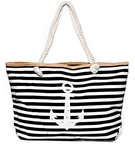 Kandharis Strandtasche Badetasche große Sommertasche Schultertasche Shopper mit Reissverschluss Anker Streifen Maritime Muster XL Damen ST-14 Schwarz Weiß