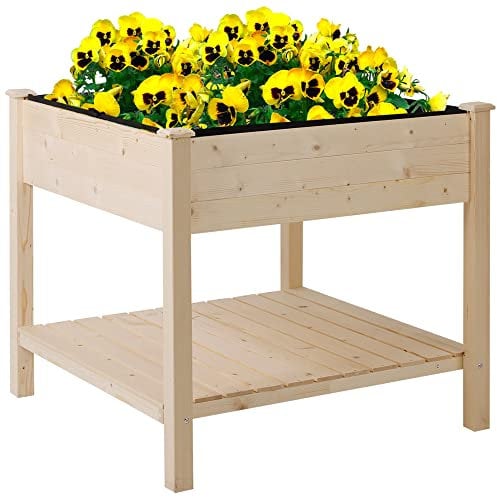 Outsunny Garden Square Wooden Planting Flower Elevated Raised Bed Stand Pot Outdoor Planter Vegetable Herb Holder Display Box with Storage Shelf - 91L x 91W x 81H cm