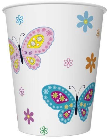8 gobelets en carton - Fleurs et papillons - Décoration de table pour fête de jardin, anniversaire ou pique-nique - Diamètre : 5,5-8 cm x 9,2 cm.