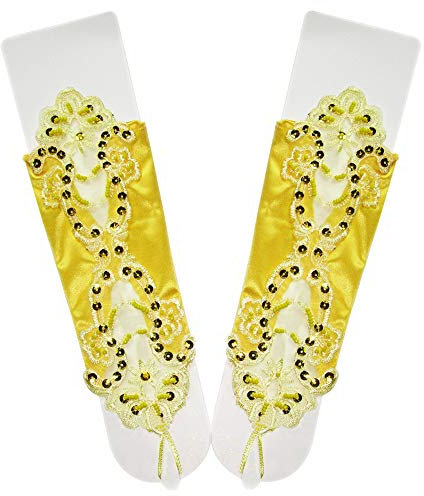MoreChioce Damen Armstulpen Handschuhe,Vintage Brauthandschuhe 1920er Stil Spitzenhandschuhe mit Perle Strass Hochzeithandschuhe Fingerlos Handschuhe Sexy Abendkleid Lace Stulpen,Gelb