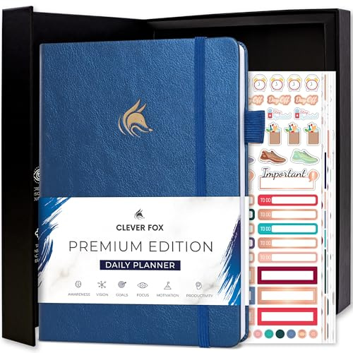Clever Fox Planer täglich Premium Edition - Undatierter Luxuriöser Tagesplaner mit Stundenplan, Persönlichem Organizer, Produktivitäts- und Zieljournal, A5-Format, 6 Monate Haltbar - Mystisches Blau