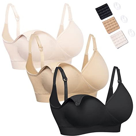 HOFISH Nursing Bras for Breastfeeding Seamless Ultra Comfort Maternity Bra, Pregnancy Sleep Bralette 3Pack Black Beige Pink Small