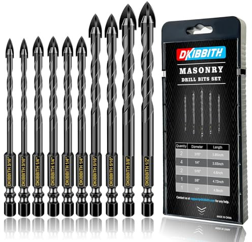 Masonry Concrete Drill Bit Set for Tile, Brick, Glass, Plastic and Wood, Tungsten Carbide Tip Work with Ceramic Tile, Wall Mirror, Paver on Concrete or Brick Wall, 10 Pcs