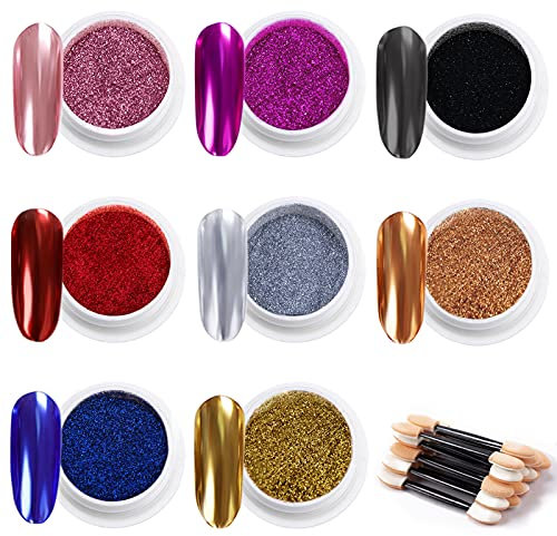 MELLIEX 8 Döschen Metallic Glitzerpuder, Nail Art Chrome Pigment Pulver Spiegel Effekt Nagelpuder für Nägel Dekoration