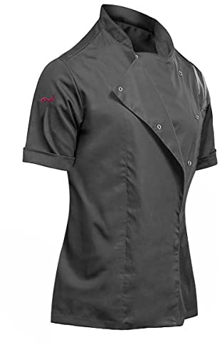 strongAnt Kochjacke Damen kurzarm Stretch mit Druckknöpfen Kochuniform - Grau. Größe: L