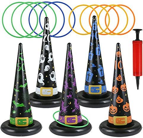 LEMESO Halloween Gadget Gioco di Lancio Halloween Kit Cappelli di Strega Gonfiabile 16 pz con Anelli da Lanciare con Pompa ad Aria Giochi da Esterno Giardino attività Halloween Festa per Bambini