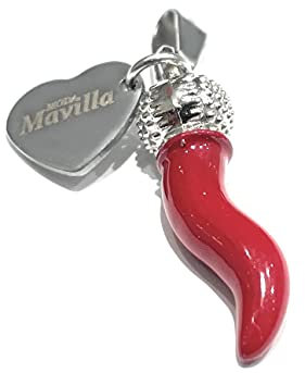 MODA MavillA Pendentif acier corne porte-bonheur et coeur. Fabriqué en Italie. Bracelet en acier émotionnel - phrases, pensées, mots avec charms - pendentif scaramantique, ciondolo corno, Acier
