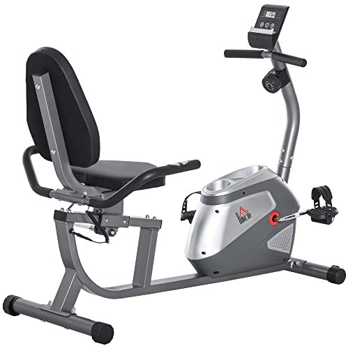 HOMCOM Cyclette Orizzontale con Schienale e Seduta Regolabile, Cyclett Magnetica Professionale, Cyclette Cardio con 8 Resistenze e Monitor LCD, 121.5-136x62.5x98cm, Grigio