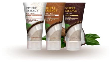 Desert Essence - Kokonuss -Shampoo, Haarspülung und -Hand- und Körperlotion - Reiseformat - Pack Trio - 3 x 44mL