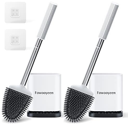 Fowooyeen Escobillas de Baño, Escobilla WC Silicona, Cepillo Toilet Plana con Mango de Acero Inoxidable, Cepillo de Limpieza WC de Pie/Montado en la Pared, con Secado Rápido, Blanco, 2 Piezas