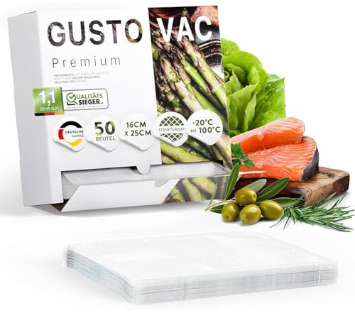 GustoVac Premium Vakuumbeutel, 50 Stk.16x25cm Profi- Folienbeutel, Vakuumierbeutel für Vakuumierer, Kochfest & Sous Vide Gefrierbeutel, Lebensmittel Vakuumiergerät, Made in Netherlands, BPA-frei