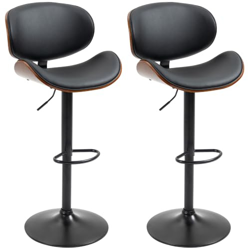HOMCOM Lot de 2 Tabourets de Bar Dossier Hauteur Réglable Pivotant Noir | Chaise de Cuisine, Revêtement Synthétique, Repose-Pied