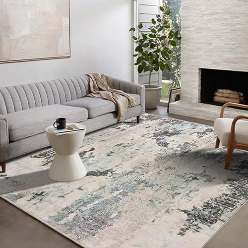 ASIinnsy Teppich Wohnzimmer Kurzflor Abstrakt Teppich Große Grau Modern Teppiche fürs Wohnzimmer Schlafzimmer Weich rutschfest Moderne Deko (Beige/Mehrfarbig, 200 x 250 cm)