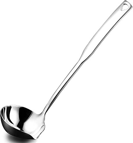 Hvanam Cucharón de sopa de cocina de acero inoxidable 304, cuchara luminosa de metal con boquilla de vertido, cucharones de salsa para servir, cocinar, enlatar, 11.8 pulgadas