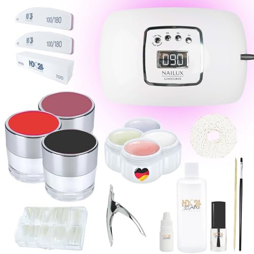 ND24 NailDesign – Gelnägel Starter Set Premium mit Haftgel, Aufbaugel, Frenchgel, Versiegelungsgel, LED-Lampe & Zubehör + Viva Magenta Gele – Komplettset für Anfänger geeignet – Gele Made in Germany