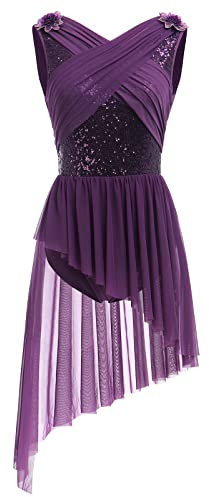 Ballettkleidung Damen Tanzkleid Ärmellos U-Rücken Glitzer Pailletten Blume Ballett Body Ballettanzug Asymmetrischer Tüllkleid Ballettkleid Salsa Ballerina Dancewear Eiskunstlauf Kleid Lila L