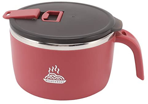 Ramen Bowl, 900ml Double Wall Stainless Steel Rapid Noodle Cooker with Drains, Lid and Handle, Mobile Phone Holder, Ramen Soup Bowl for Noddles, Office College Dorm Room Cooking (Red)