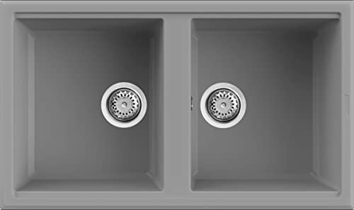 Evhoc Lavello Cucina Sopratop ADHOC M, 2 Vasche, Lavandino Doppia Vasca in Kuarzite, Piletta Inclusa, Made in Italy, Grigio Cemento, 86x51 cm
