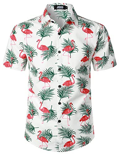 JOGAL Chemise hawaïenne à manches courtes pour homme - En coton - Pour l'été, Flamants roses blancs, XL