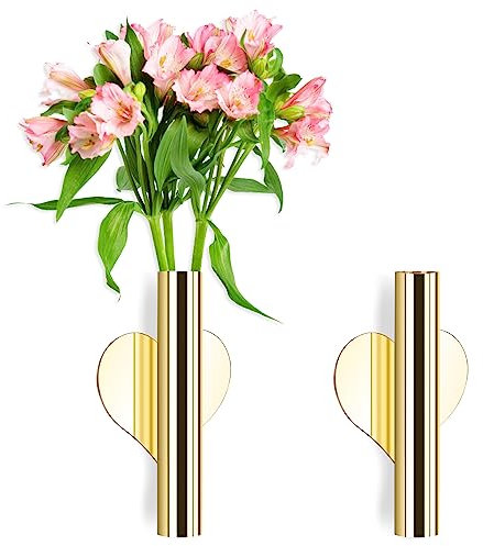 2 tubi da parete per fiori, vaso in metallo da parete, supporto per decorazione di fiori, vaso da parete in metallo dorato con 4 adesivi rotondi trasparenti