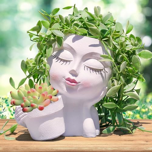 vomiceak Pots de Fleurs en Forme de tête pour Plantes d'intérieur et d'extérieur – Double Pots de Fleurs Mignons pour Fleurs succulentes avec Trou de Drainage (Dame Blanche)