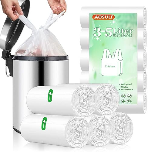AOSULI Small Bin Liners 3L-5Liter with Tie Handles Bathroom Bin Bags, Mini Pedal Trash Bags,120 Clear and White Liners…