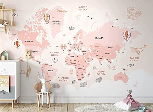 Papier Peint Panoramique Fille Rose De La Carte Du Monde 3D Poster Mural pour Salon Chambre Décoration Murale
