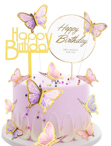 22 piezas decoración para tartas de cumpleaños rosa lila mariposas decoración para niñas 3D tridimensionales mariposas Cake Topper cumpleaños Happy Birthday decoración para tartas de cumpleaños boda