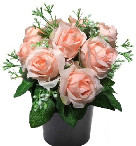 ALNIYATX Lot de 12 roses artificielles en pot pour tombe - Idéales pour cimetière et décorations funéraires - Rose