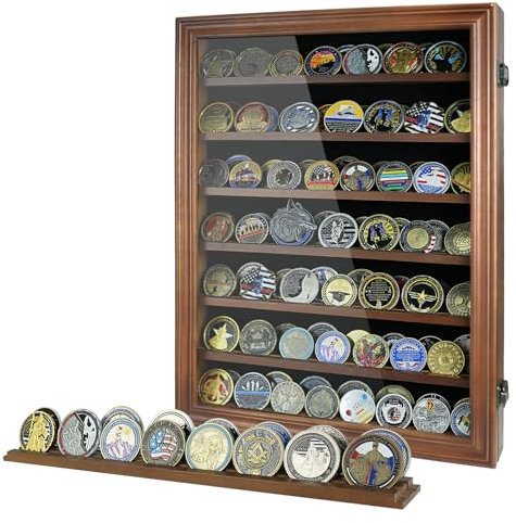 DecoWoodo 7 Reihen Herausforderung Münzvitrine - Hält 100 Münzen, Massivholz Militärhalter Schrank mit HD gehärtetem Glas, Wandmontierbare Schattenbox für Sammlerstücke, Medaillen, Casino Chips