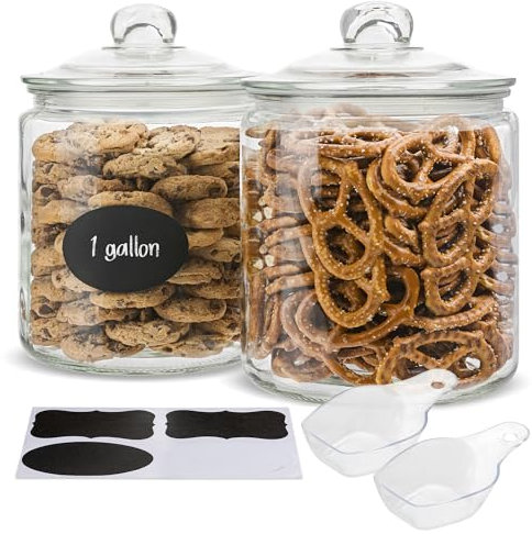 KooK Glass Kitchen Jars, Food & Cookie Storage Containers for Pantry, Bathroom Apothecary Canisters, Dishwasher Safe, with Chalk, Label, Plastic Scoops (1 Gallon)