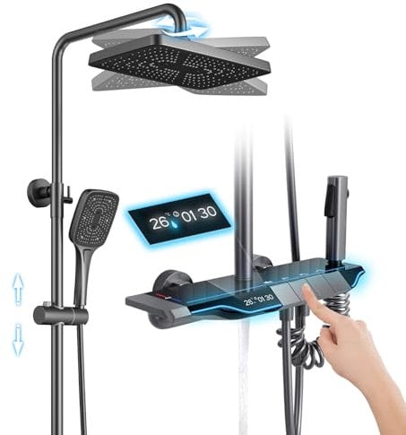 Duschsystem mit Thermostat Anthrazit Duscharmatur Komplettse Regendusche Duschset mit Digitalanzeige, 310x200mm Duschkopf, 3 Modi Handbrause, Wasserfall Wannenauslauf, Bidet