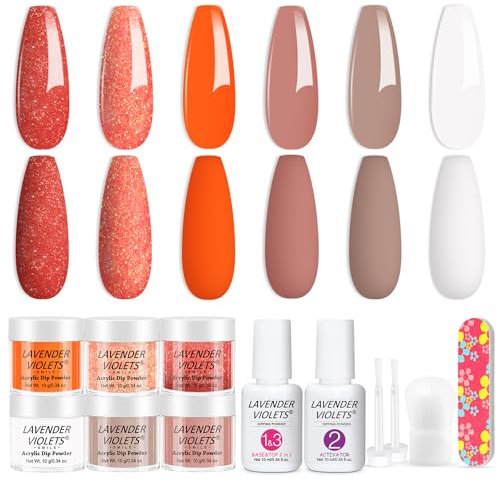 Lavender Violets 12 Pcs Dip Powder Nail Kit Skin Nude White Red Shimmer Orange Colours Dipping Powder Liquid Set with 2in1 Base & Top Coat Activator for French Nail Art Manicure M212