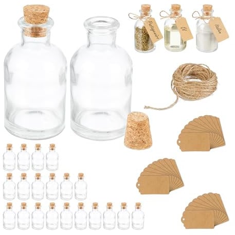 Relaxdays Mini Bouteilles, Lot de 25, Petites fioles, Bouchon de liège, 60 ML, Mariage, épices, Transparent/Nature