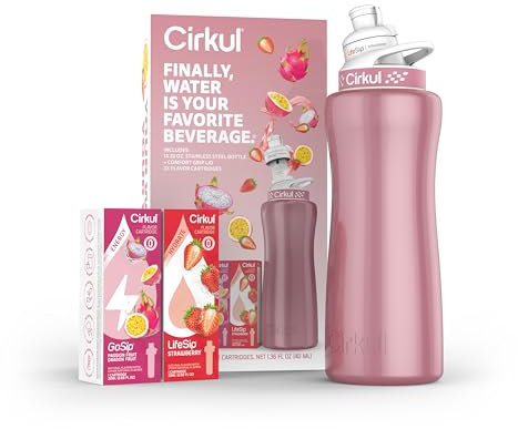 Cirkul Kit de iniciación de botella de agua de acero inoxidable de oro rosa de 32 onzas con tapa de oro rosa y 2 cartuchos de sabor (fresa y fruta de la pasión)