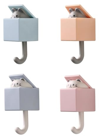 Laluky 4 Pcs Cute Pet Hooks,Creative Adhesive Coat Hook P-op Up Cat Wall Hooks Without Drilling for Dormitory Bedroom Door Scarf Hat Towel Bag Wall Hanging Decoration(Pink, Blue)
