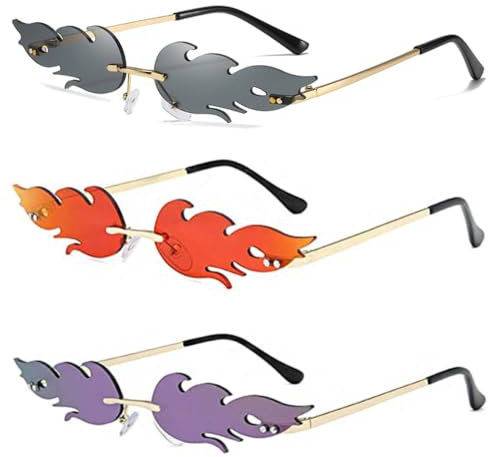 Ylinwtech 3 Stück Sonnenbrille Flammenform, Flammen Sonnenbrille Party Brillen, Schnelle Rave Hippie Brille, Flammen Brillen für Maskerade, Fasching, Summer, Geburtstagsfeier, Party, Musikfestival