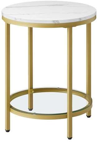 VASAGLE Beistelltisch, Nachttisch mit 2 Ebenen, Holzspanplatte, Hartglas, für Wohnzimmer, Arbeitszimmer, kleine Räume, modern, marmorweiß-helles Gold LET285A59