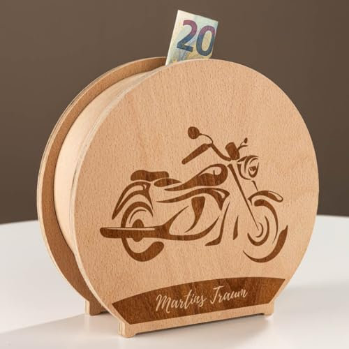 INEXTERIOR – Personalisierbare Spardose Holz - Geld Organizer für Kinder und Erwachsene – Geldgeschenk für Geburtstag, Abschluss, Hochzeit – Sparschwein mit Namen (Motorrad)