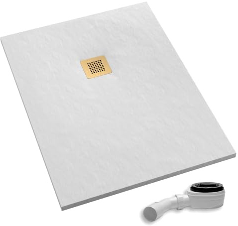 AQUABAD Duschwanne/Duschtasse Palast mit LeakProtect Technologie White Stone 90x140cm Rechteck - Blende: poliertes Gold | inkl. Ablaufgarnitur/Siphon