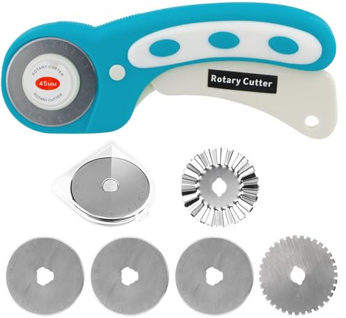 Shengxi Cutter Rotatif de 45mm, Couteau Roulette avec 5 Lames en acier SKS-7 Lame Ondulée Pointillée, Couteau Rotatif avec Bouton de Sécurité Poignée Ergonomique pour Tissu Cuir Couture