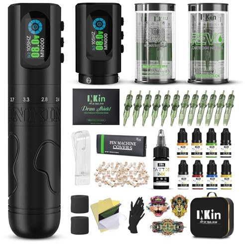 INKin Tattoo Gun Kit, Wireless Tattoo Machine Kit with 6 Adjustable Stroke 2.0-4.2mm, Rotary Cartridges Pen with 2 Replaceable 1600mAh Batteries Power OLED Display for Tattoo Artist-Inkflexo