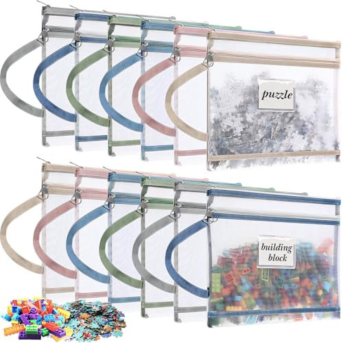 Affrolling 12 Pack Mesh Zipper Pouch Bags with Label Colored Double-layer Nylon Puzzle Building Block Sets Toy Storage Organization Bags with Handle A4 Zipper Pouch for School Office Games