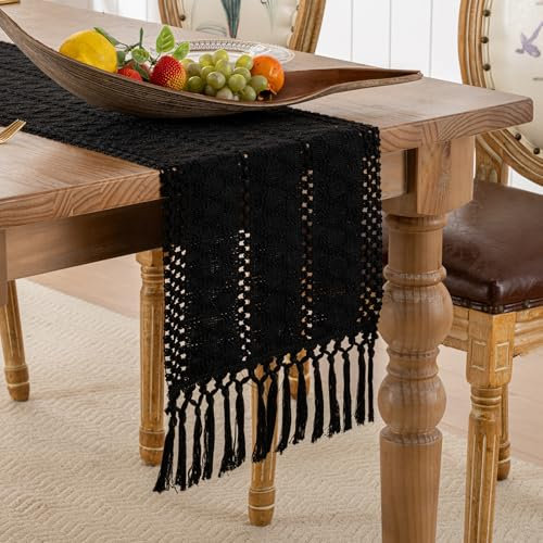 Serento Tischläufer Schwarz Herbst Winter Table Runner Baumwolle Leinen Boho Tischläufer mit Quasten Gehäkelte Häkelspitze Tisch Läufer 30x140cm für Hochzeit Küchen Tabletop Tischdeko Esstisch