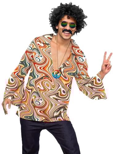 Herren Mardi Gras Kostüme 70er Paisley Tie Dye Hemd Vintage 60er Karneval Knopf Hemd Perücke Bart Brille Halskette L