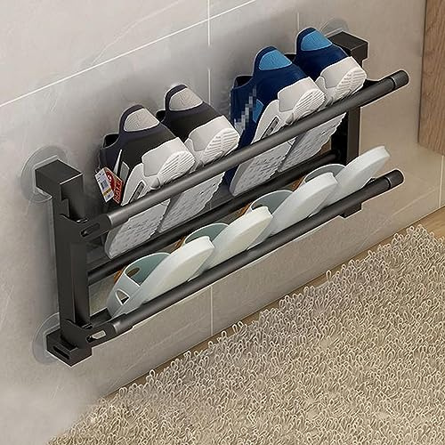 Geejia Shoe Rack, Wall Mounted 2 Tier Folding Space-Saving Shoe Holder Without Drilling Installation, Plastic & Metal Tubes Organizer - White 50CM