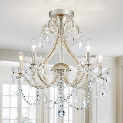 WUZUPS 5-Licht Kristallkerze Kronleuchter Flushmount Deckenleuchte Moderne Beleuchtung für Schlafzimmer Flur Bar Küche Badezimmer, H 53cm x B 56cm, E14 Base, gebürstetes Nickel